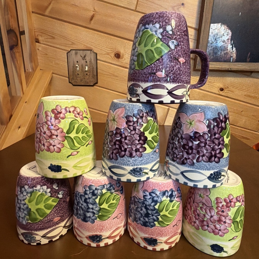 8 Laurie Gates Ware 16oz Tea/Coffee Mugs Floral Hydrangea Blue Green Pink Purple
